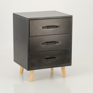 Makalu Black Side Table with Three Drawers - Steel Handles